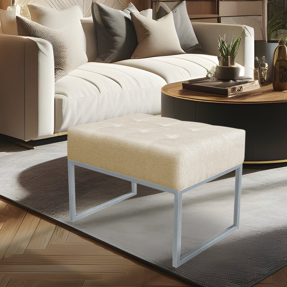 Puff Lisa Linho Base Metálica Industrial Prata - Pallazio