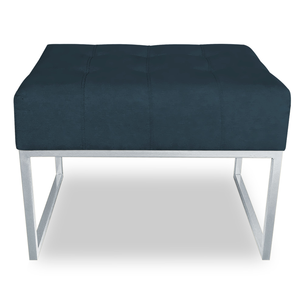 Puff Lisa Suede Azul Marinho Base Metálica Industrial Prata - Pallazio
