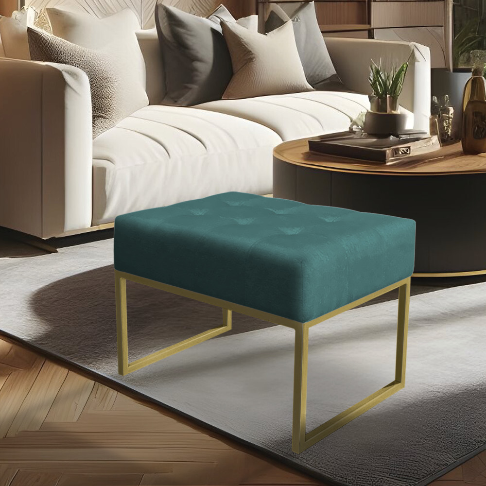 Puff Lisa Suede Azul Turquesa Base Metálica Industrial Dourado - Pallazio