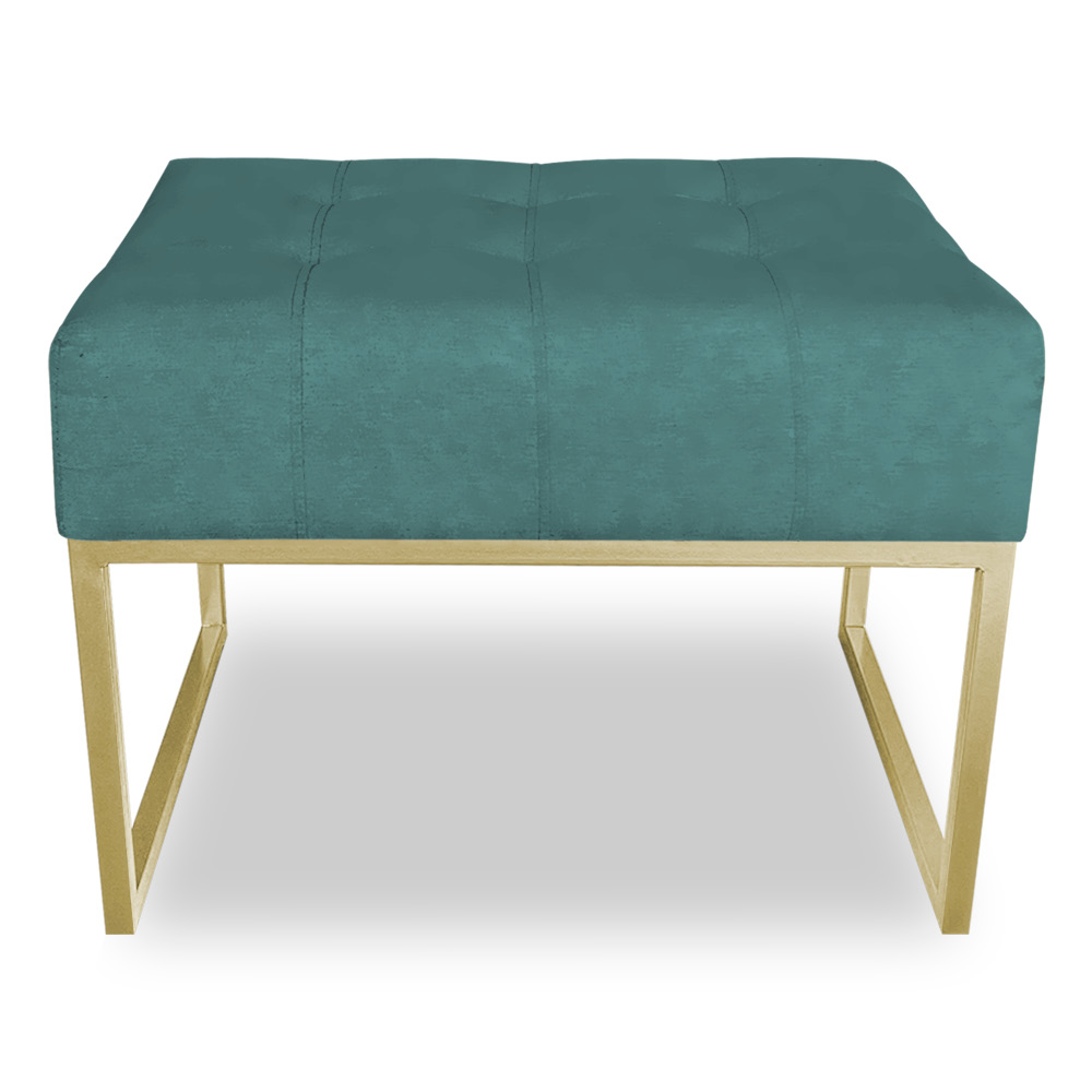 Puff Lisa Suede Azul Turquesa Base Metálica Industrial Dourado - Pallazio
