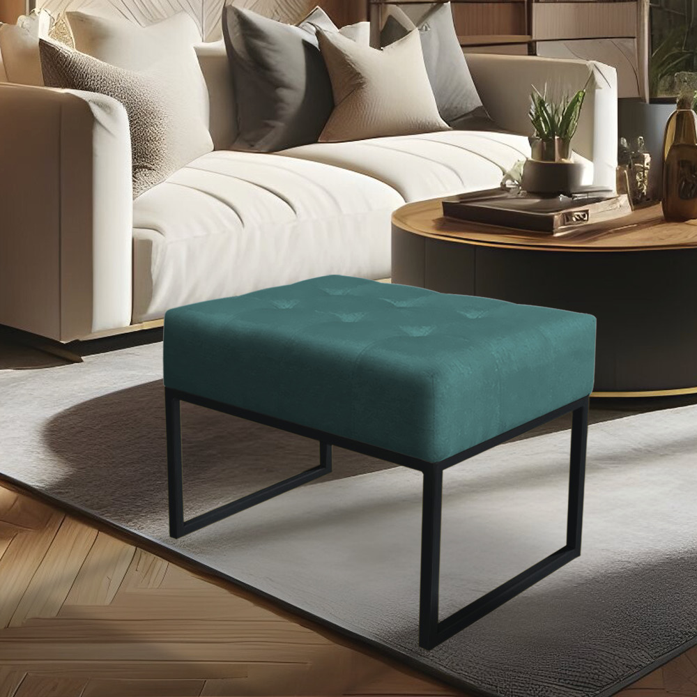 Puff Lisa Suede Azul Turquesa Base Metálica Industrial Preto - Pallazio