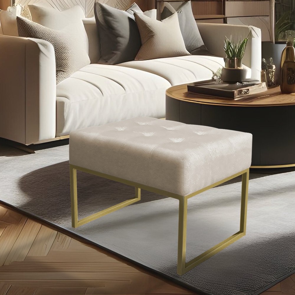 Puff Lisa Suede Base Metálica Industrial Dourado - Pallazio