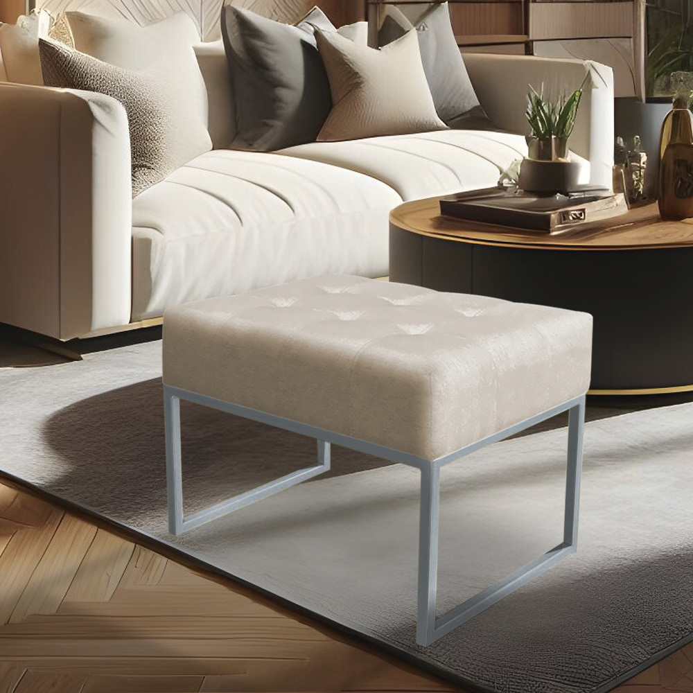 Puff Lisa Suede Base Metálica Industrial Prata - Pallazio