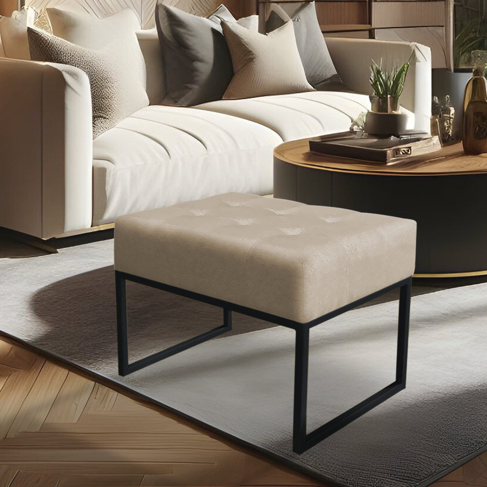 Puff Lisa Suede Bege Base Metálica Industrial Preto - Pallazio