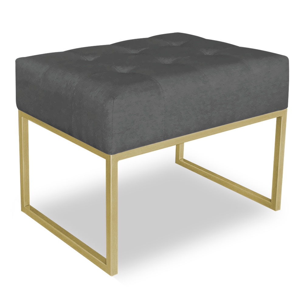 Puff Lisa Suede Grafite Base Metálica Industrial Dourado - Pallazio