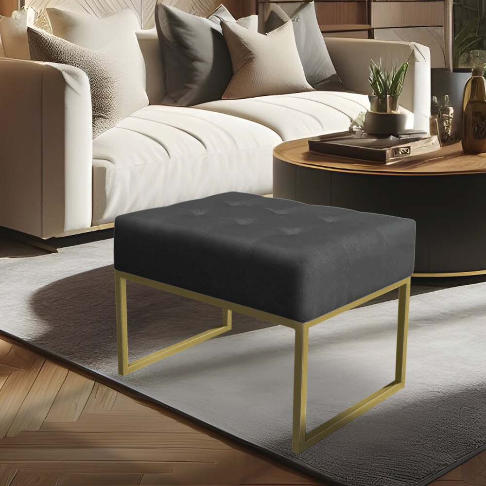 Puff Lisa Suede Grafite Base Metálica Industrial Dourado - Pallazio