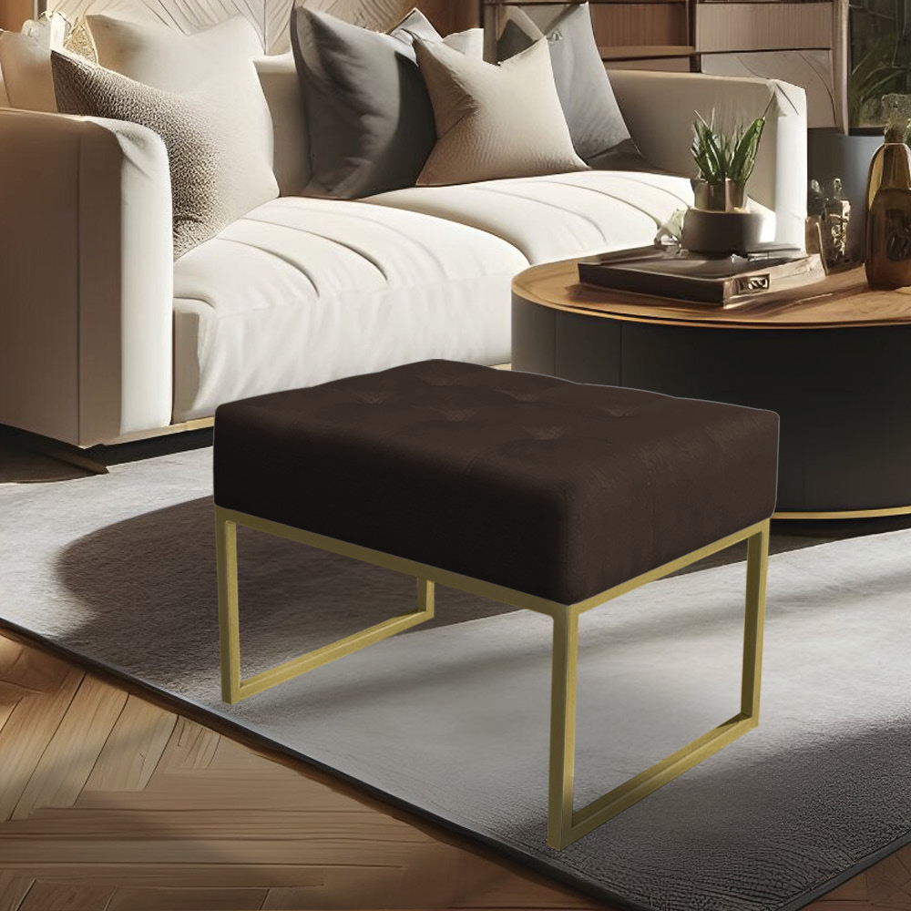 Puff Lisa Suede Marrom Base Metálica Industrial Dourado - Pallazio