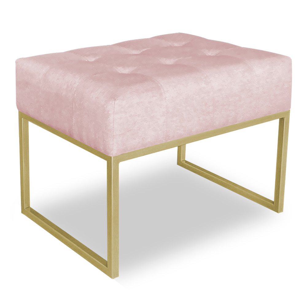Puff Lisa Suede Rosa Bebê Base Metálica Industrial Dourado - Pallazio