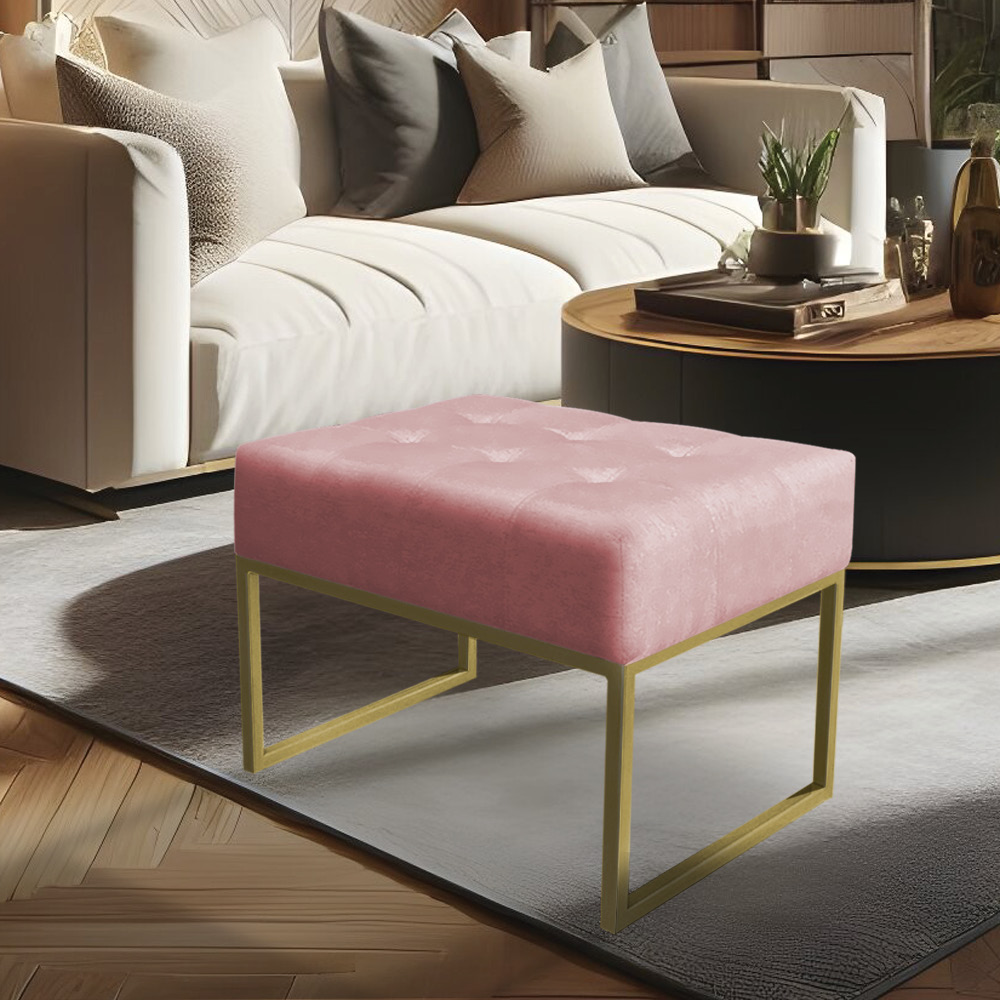 Puff Lisa Suede Rosa Bebê Base Metálica Industrial Dourado - Pallazio