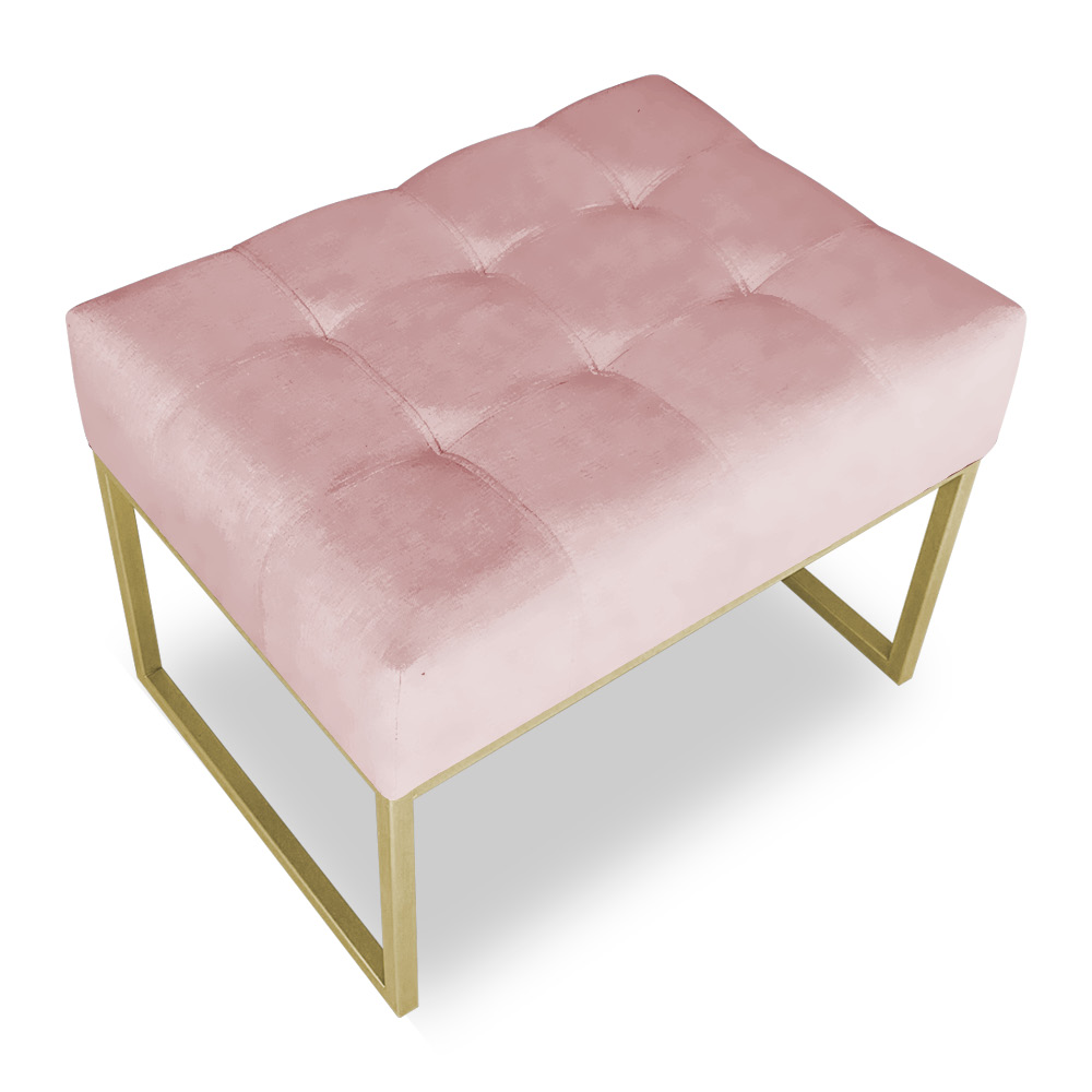 Puff Lisa Suede Rosa Bebê Base Metálica Industrial Dourado - Pallazio
