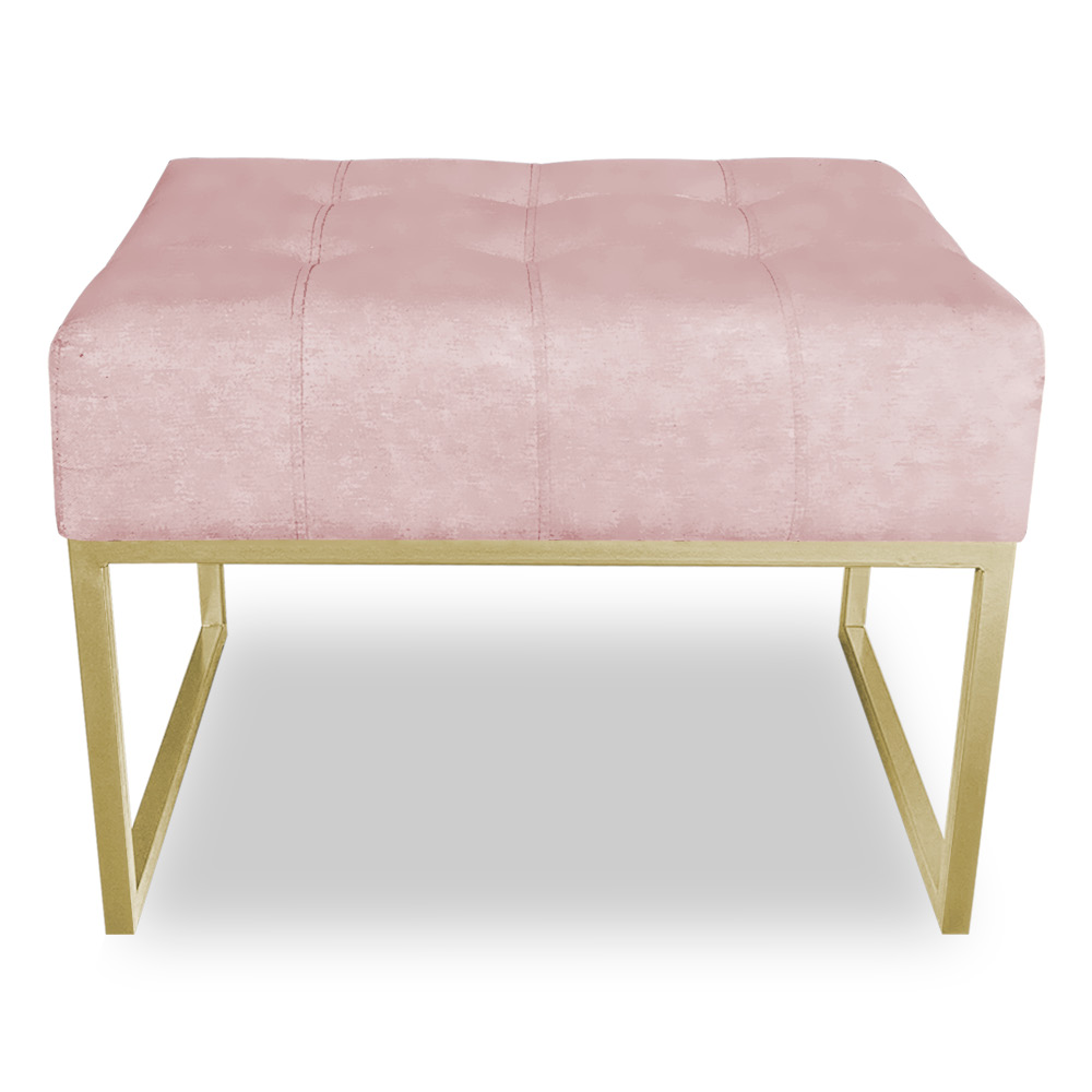 Puff Lisa Suede Rosa Bebê Base Metálica Industrial Dourado - Pallazio