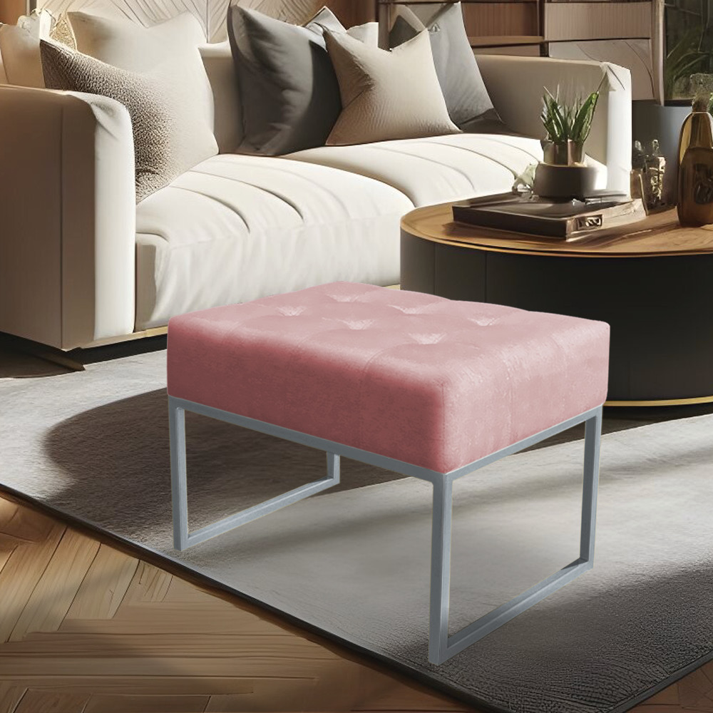 Puff Lisa Suede Rosa Bebê Base Metálica Industrial Prata - Pallazio