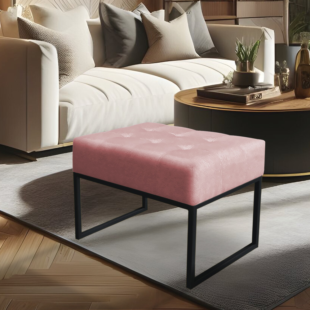 Puff Lisa Suede Rosa Bebê Base Metálica Industrial Preto - Pallazio
