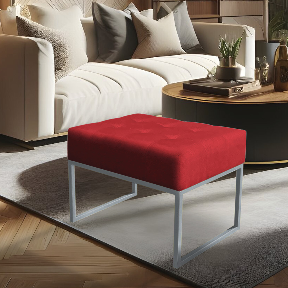 Puff Lisa Suede Vermelho Base Metálica Industrial Prata - Pallazio