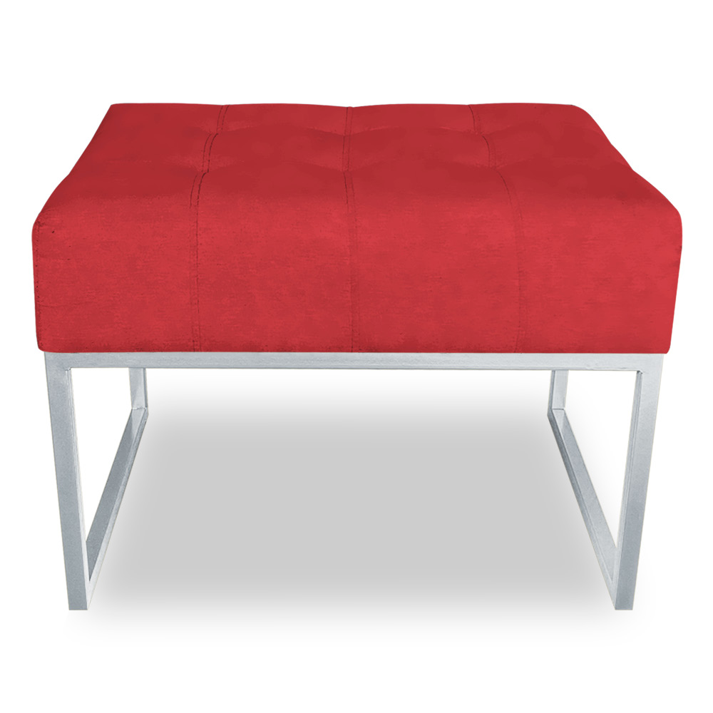 Puff Lisa Suede Vermelho Base Metálica Industrial Prata - Pallazio