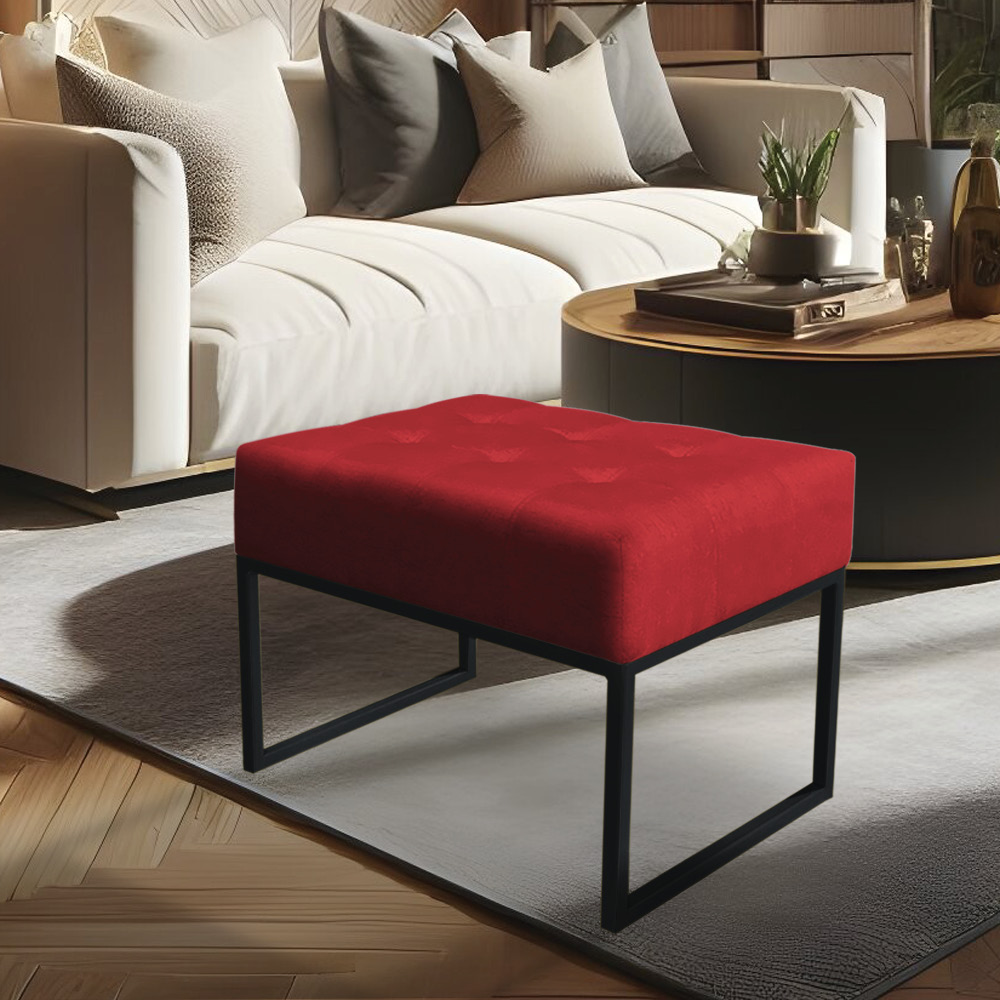 Puff Lisa Suede Vermelho Base Metálica Industrial Preto - Pallazio