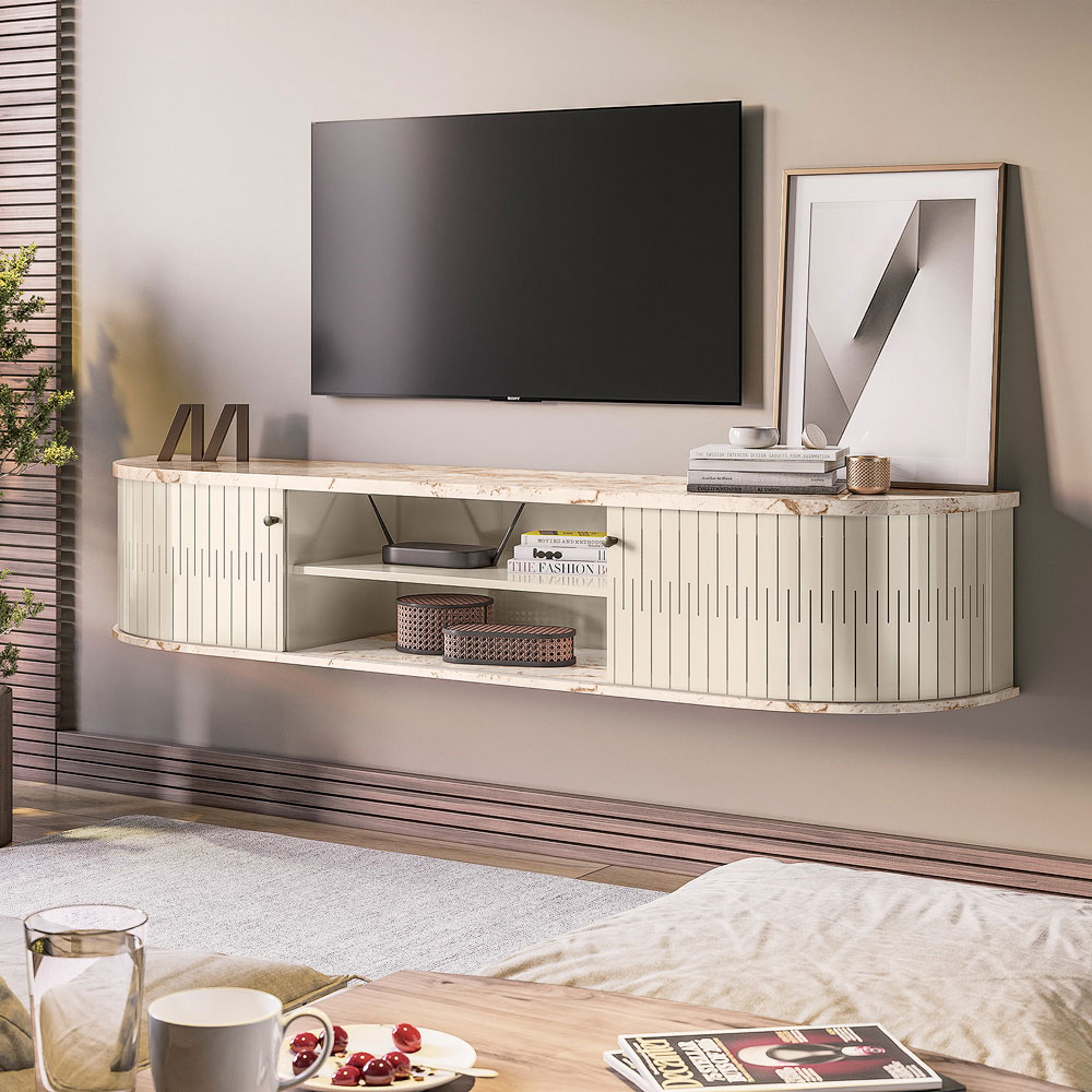 Rack Bancada Suspensa para TV 75 Polegadas 183cm Onix Calacata/Off White - Pallazio
