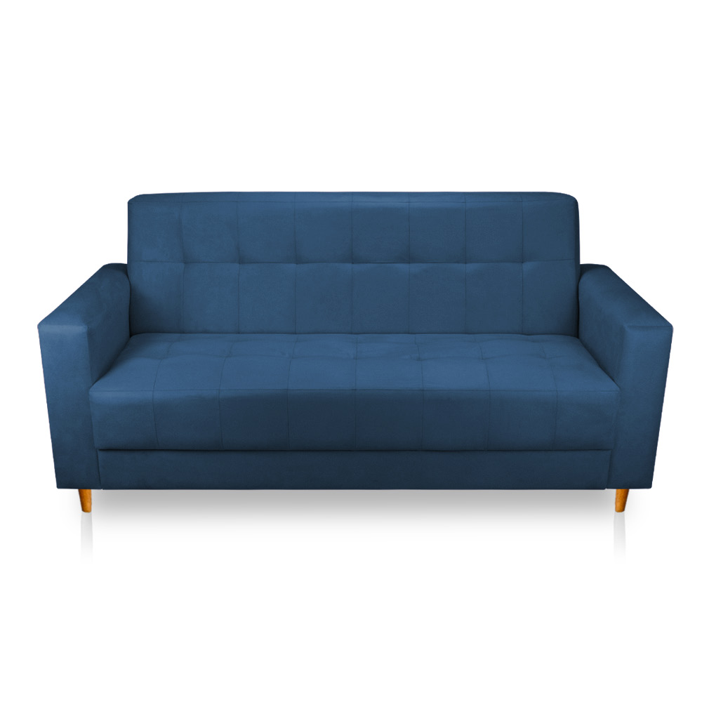 Sofá 03 Lugares 180cm Atenas Suede Azul Marinho Pés Castanho - Pallazio