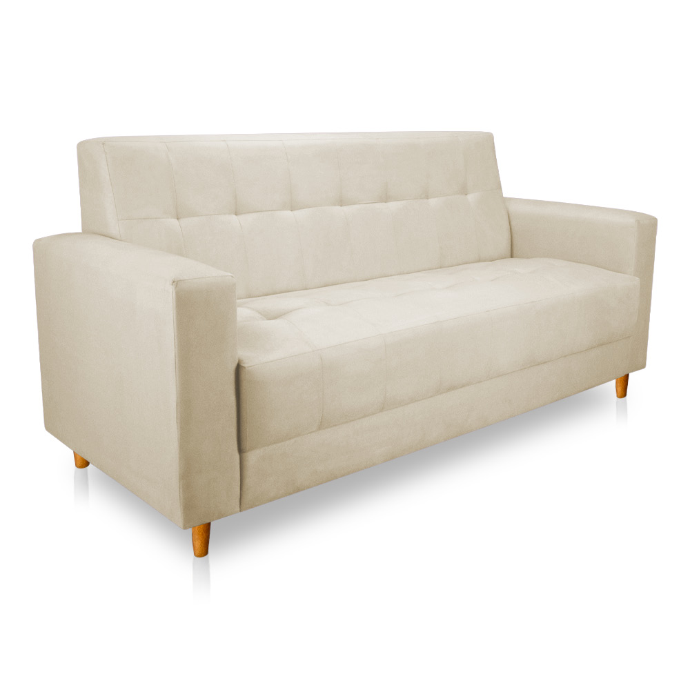 Sofá 03 Lugares 180cm Atenas Suede Bege Pés Castanho - Pallazio