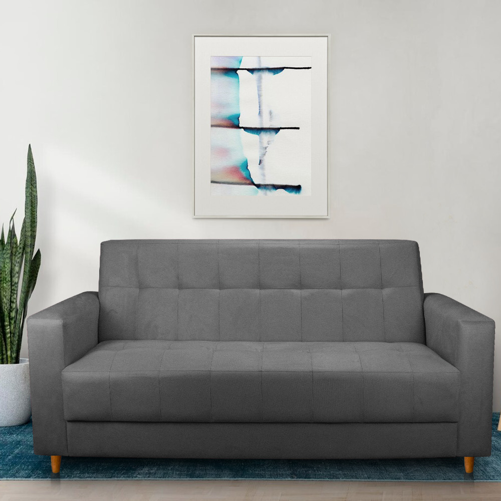 Sofá 03 Lugares 180cm Atenas Suede Grafite Pés Castanho - Pallazio