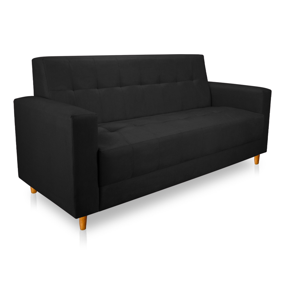 Sofá 03 Lugares 180cm Atenas Suede Preto Pés Castanho - Pallazio