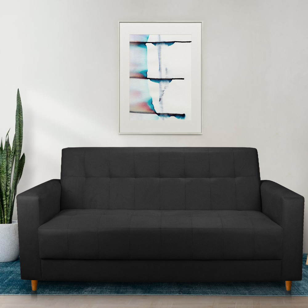 Sofá 03 Lugares 180cm Atenas Suede Preto Pés Castanho - Pallazio