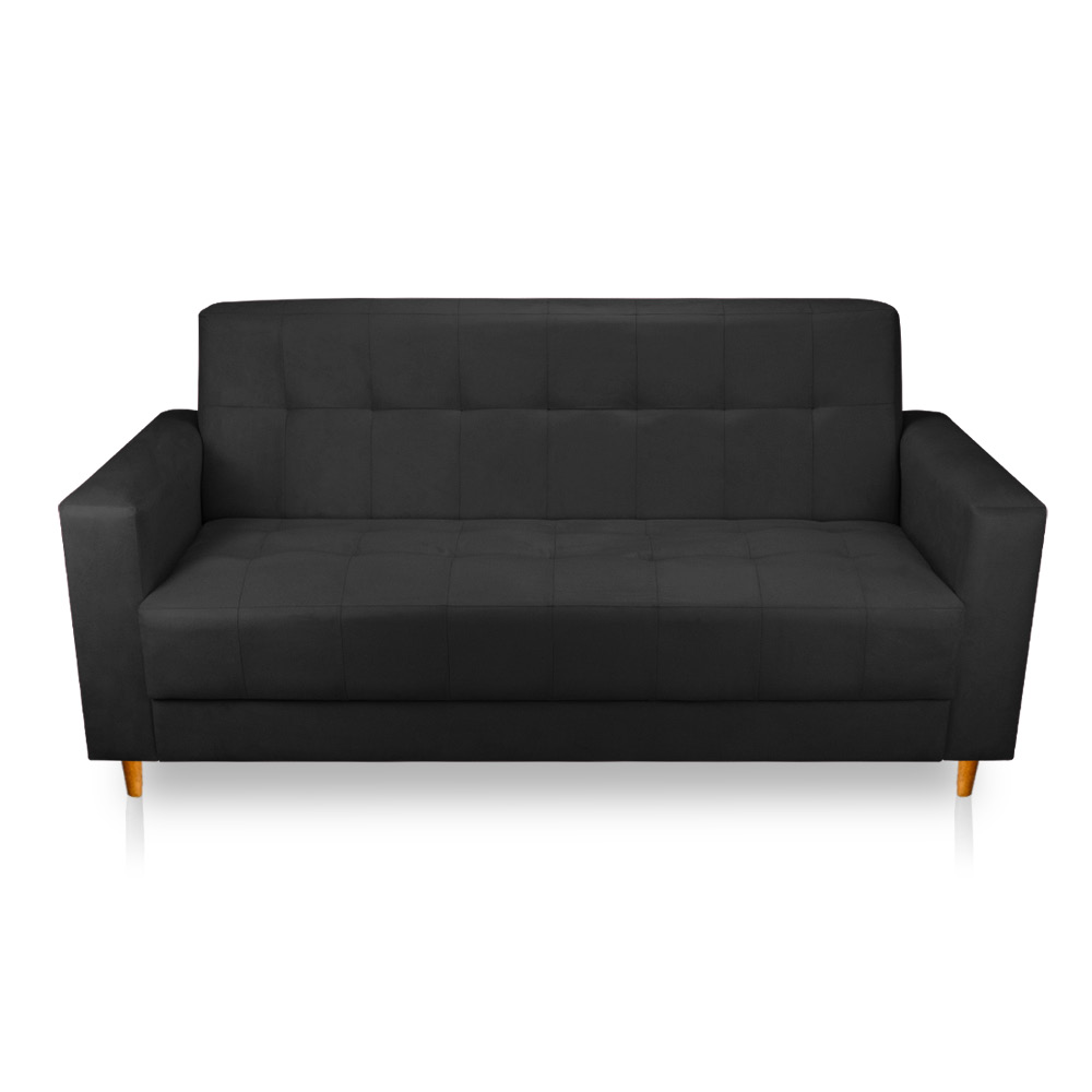 Sofá 03 Lugares 180cm Atenas Suede Preto Pés Castanho - Pallazio