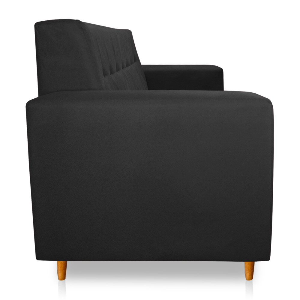 Sofá 03 Lugares 180cm Atenas Suede Preto Pés Castanho - Pallazio