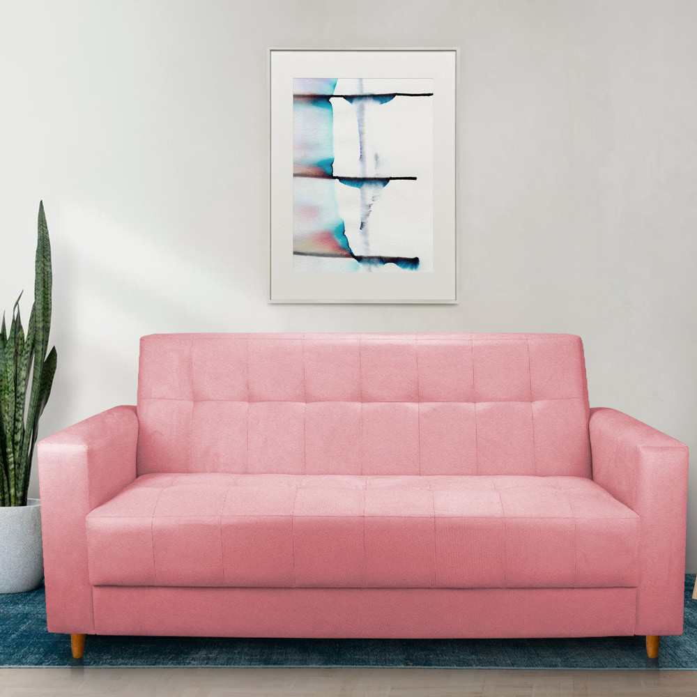 Sofá 03 Lugares 180cm Atenas Suede Rosa Bebê Pés Castanho - Pallazio