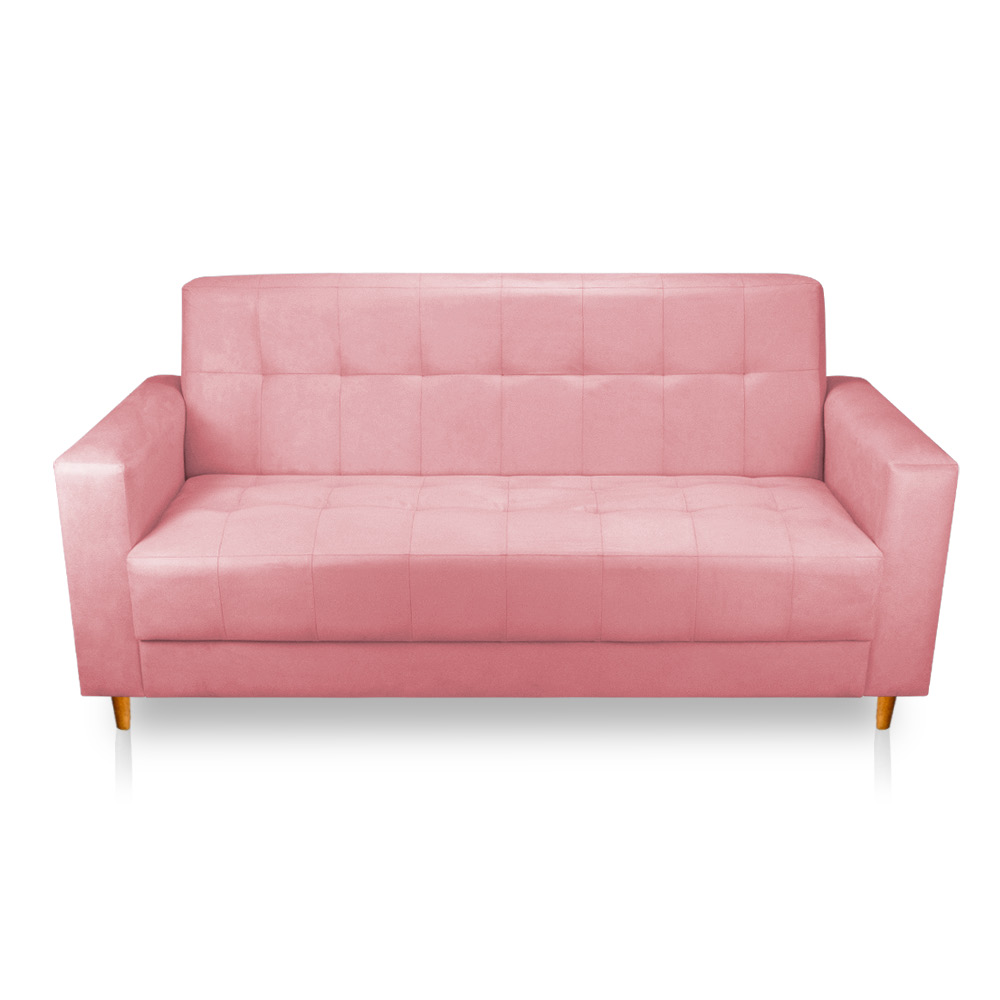 Sofá 03 Lugares 180cm Atenas Suede Rosa Bebê Pés Castanho - Pallazio