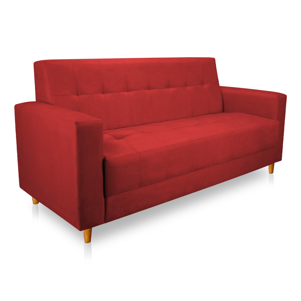 Sofá 03 Lugares 180cm Atenas Suede Vermelho Pés Castanho - Pallazio