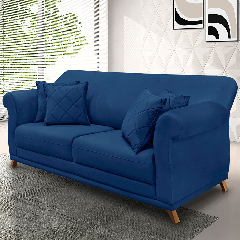 Sofá Living 2 Lugares 1,60m Vênus Suede Azul Marinho Pés Castanho - Pallazio