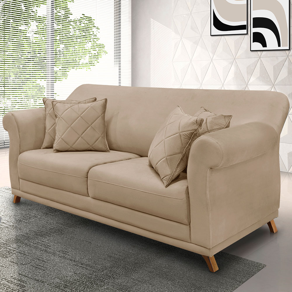 Sofá Living 2 Lugares 1,60m Vênus Suede Bege Pés Castanho - Pallazio