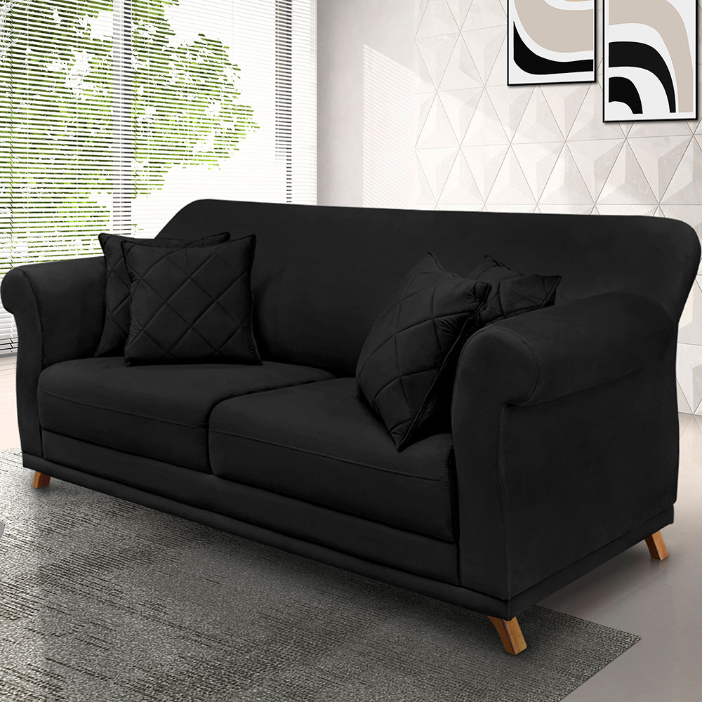 Sofá Living 2 Lugares 1,60m Vênus Suede Preto Pés Castanho - Pallazio