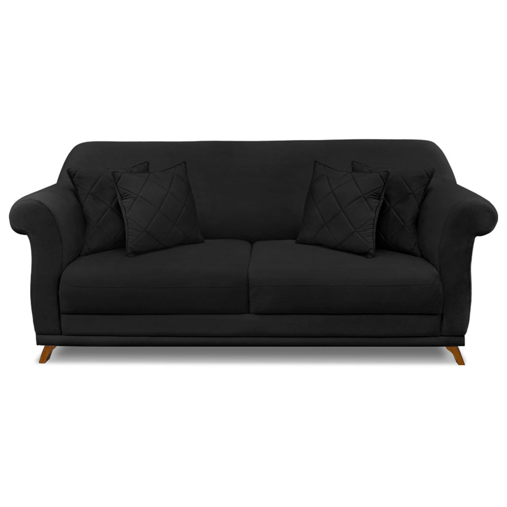 Sofá Living 2 Lugares 1,60m Vênus Suede Preto Pés Castanho - Pallazio