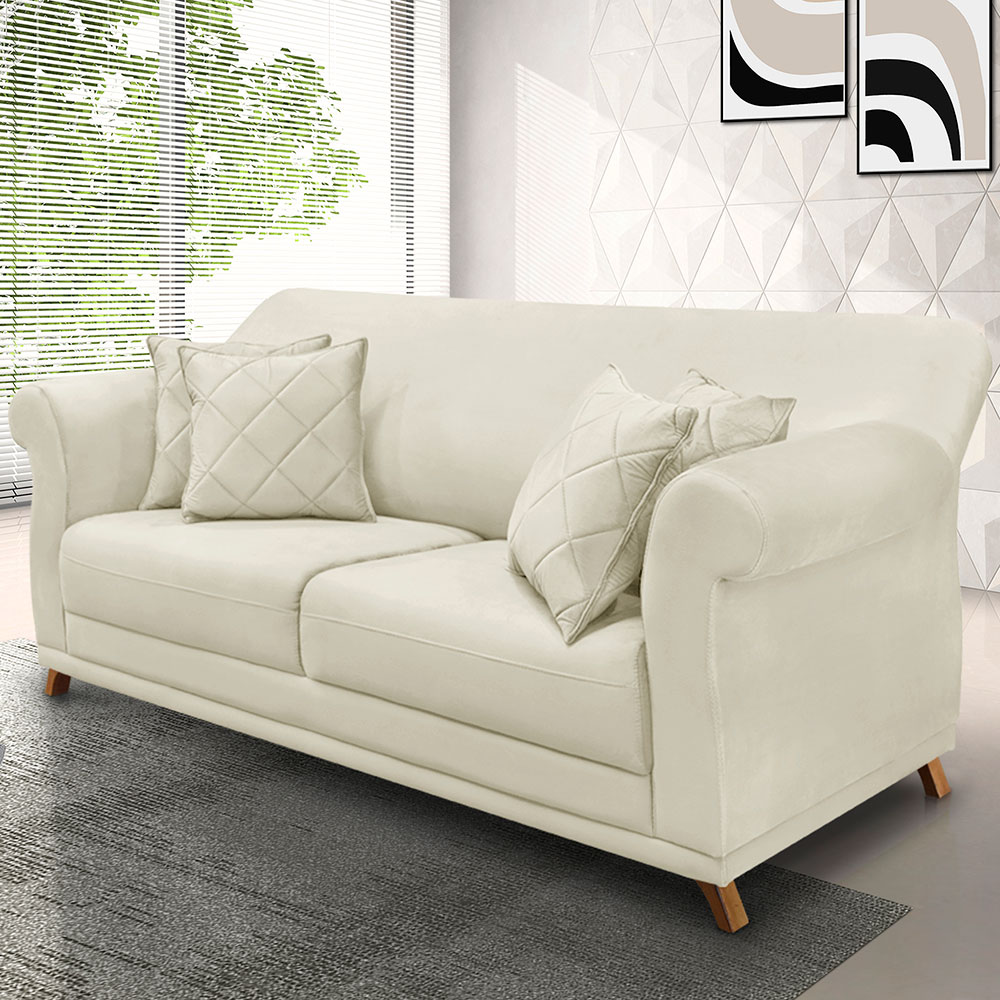 Sofá Living 2 Lugares 1,60m Vênus Veludo Bege Pés Castanho - Pallazio