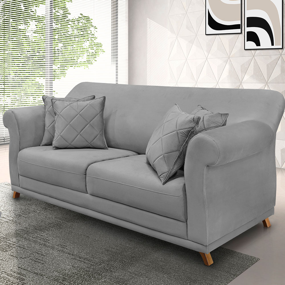Sofá Living 2 Lugares 1,60m Vênus Veludo Cinza Grafite Pés Castanho - Pallazio