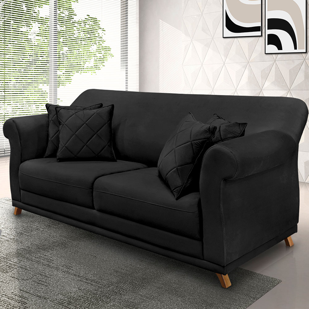 Sofá Living 2 Lugares 1,60m Vênus Veludo Preto Pés Castanho - Pallazio