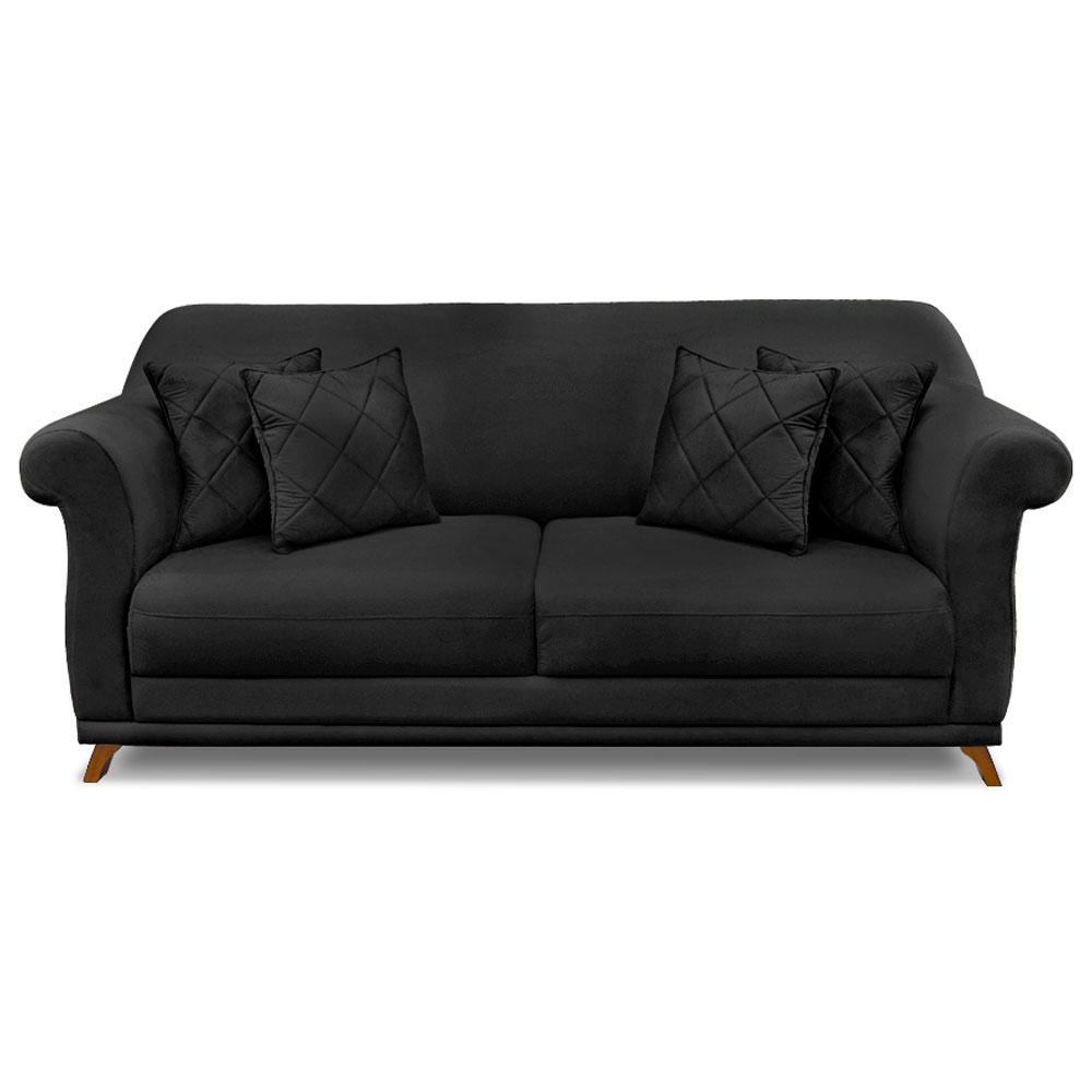 Sofá Living 2 Lugares 1,60m Vênus Veludo Preto Pés Castanho - Pallazio