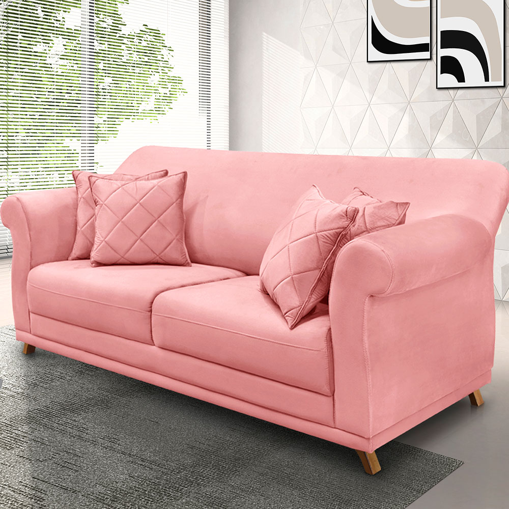 Sofá Living 2 Lugares 1,60m Vênus Veludo Rosa Pés Castanho - Pallazio