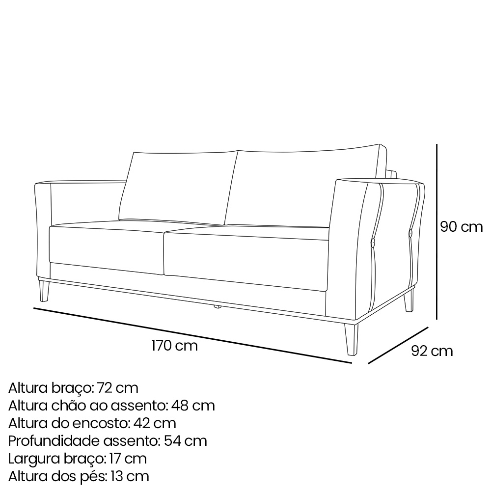 Sofá Living 2 Lugares 1,70m Vega Linho Grafite Pés Castanho - Pallazio