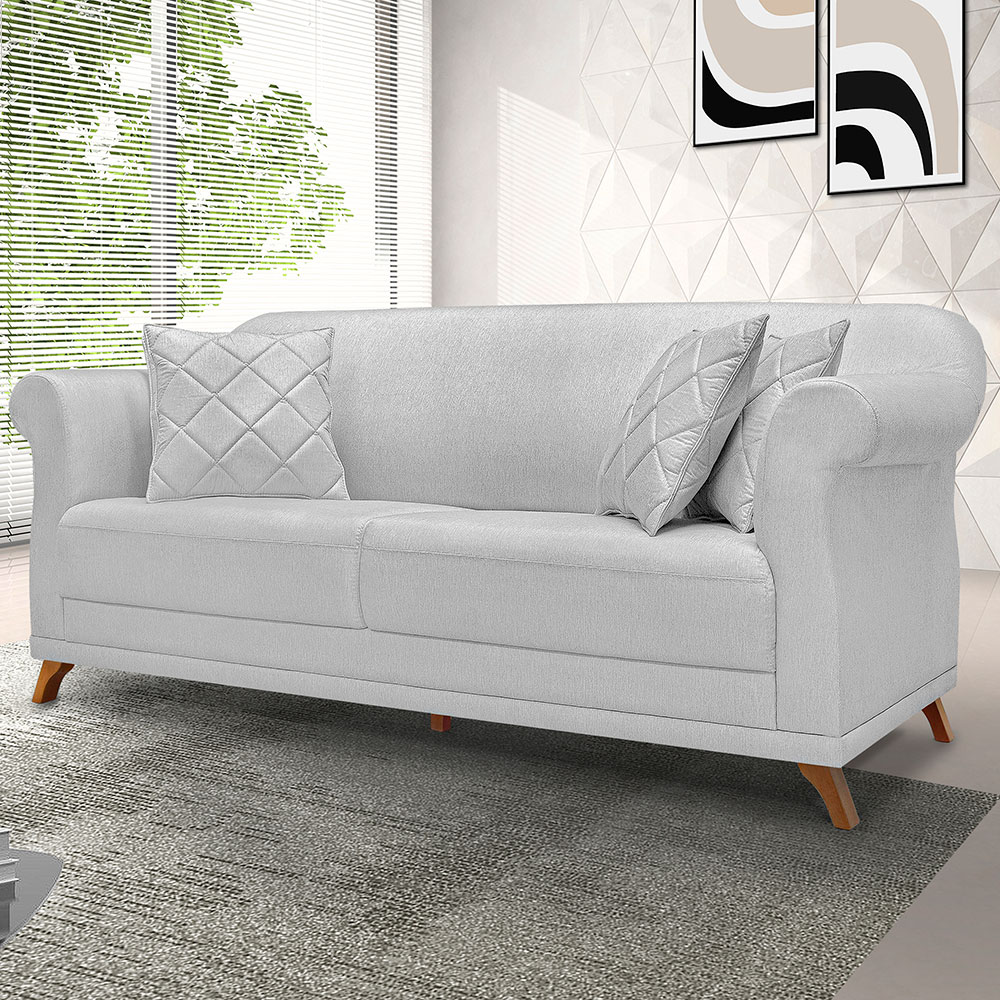 Sofá Living 2 Lugares 1,80m Vênus Linho Cinza Pés Castanho - Pallazio