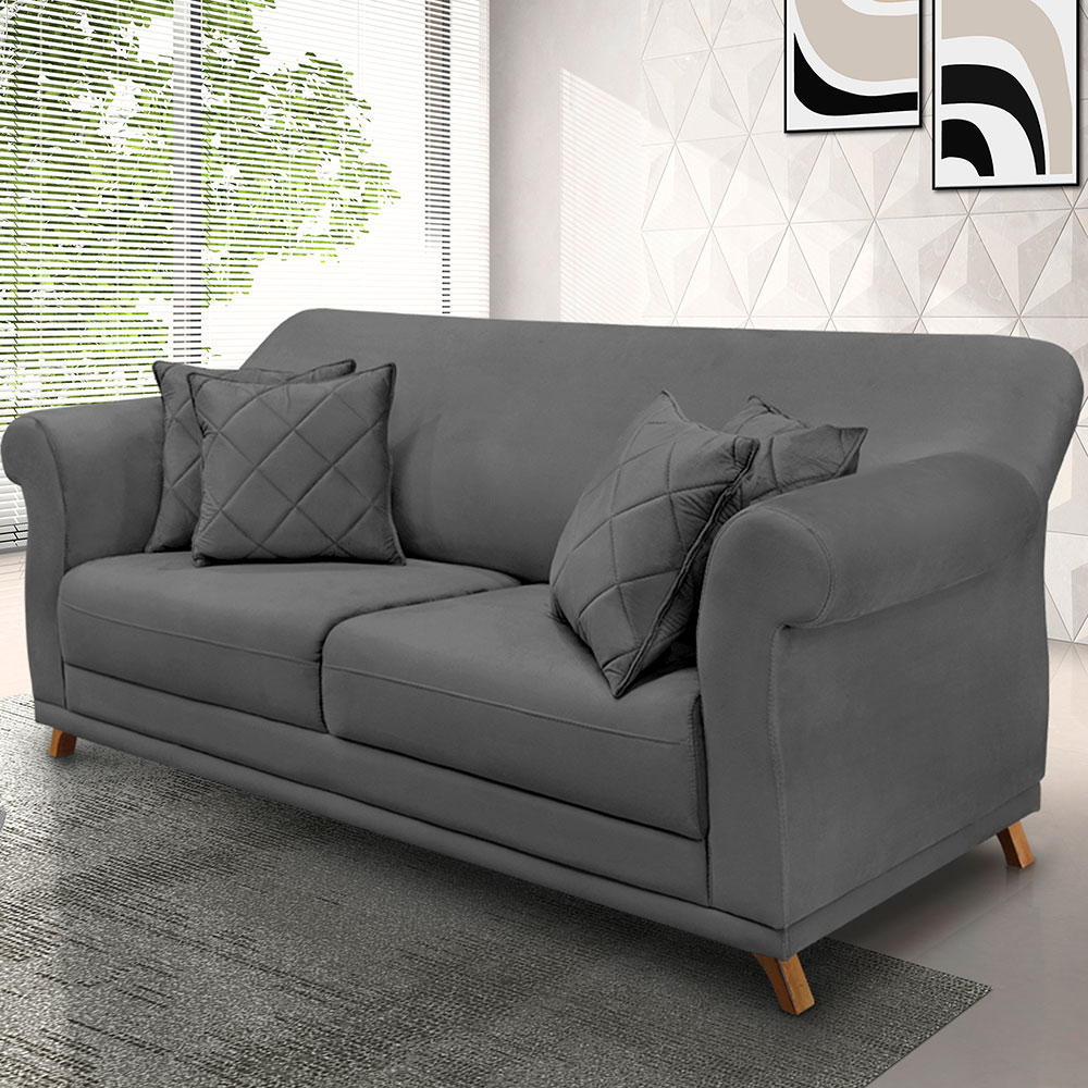 Sofá Living 2 Lugares 1,80m Vênus Suede Cinza Pés Castanho - Pallazio