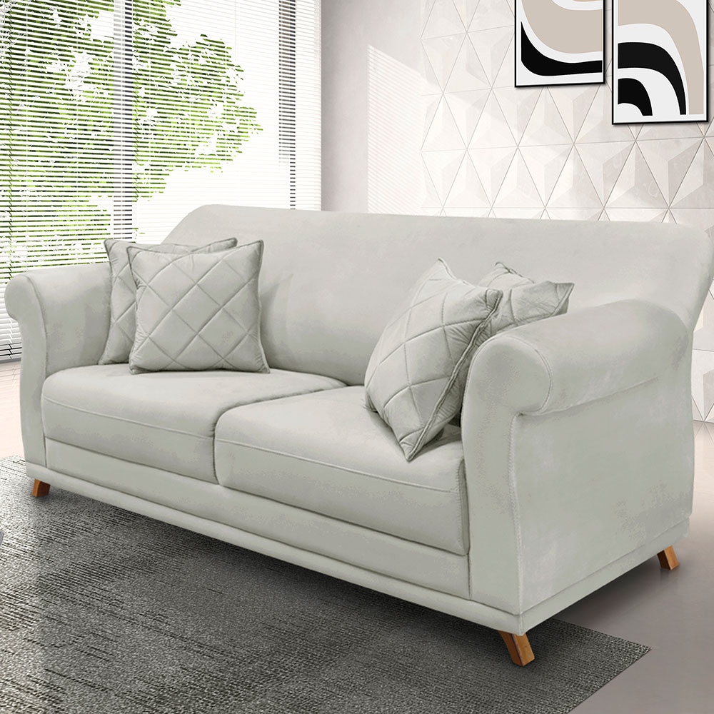 Sofá Living 2 Lugares 1,80m Vênus Veludo Cinza Prata Pés Castanho - Pallazio