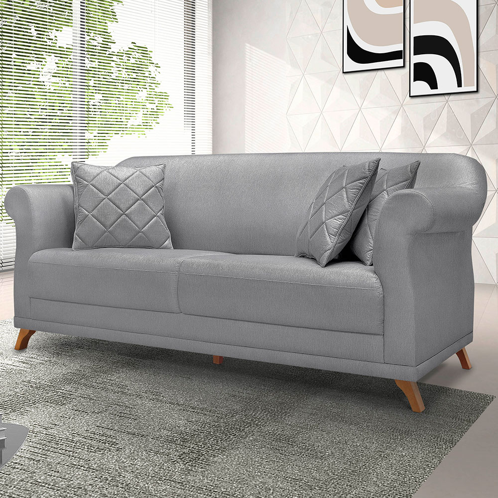 Sofá Living 3 Lugares 2,20m Vênus Linho Grafite Pés Castanho - Pallazio
