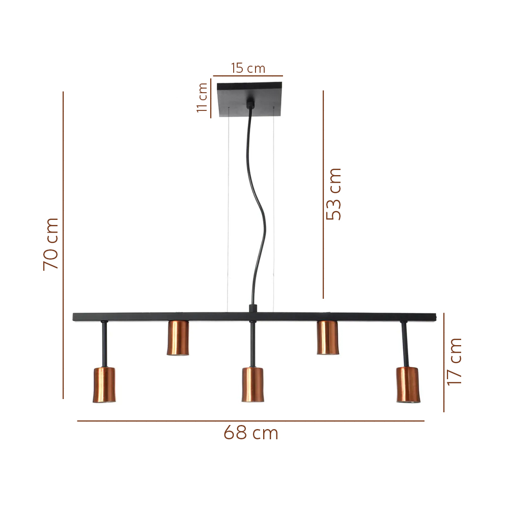 Pendente Trilho Para 5 Lampadas Cor Preto e Cobre