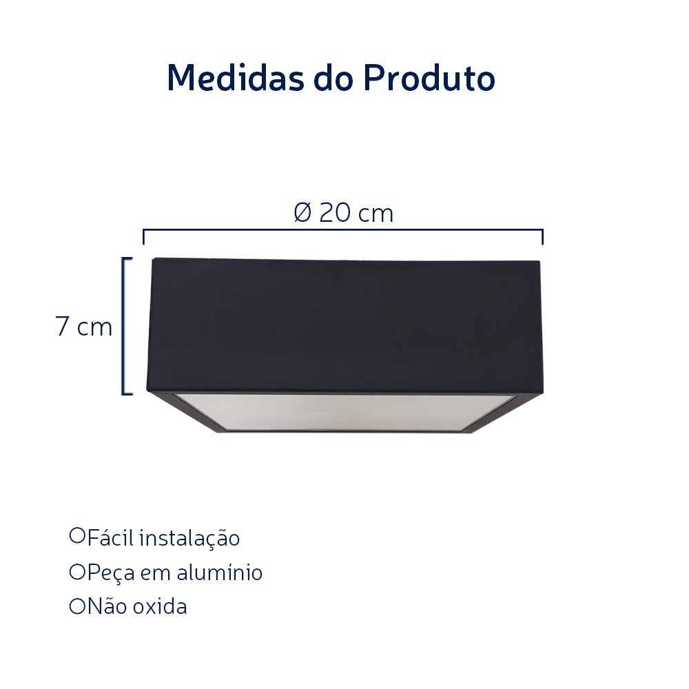 Plafon Quadrado De Alumínio Preto 20cm