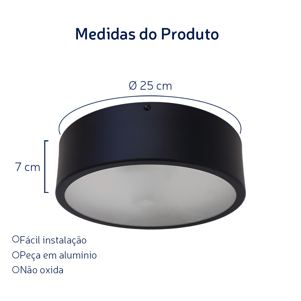 Plafon Redondo De Alumínio Preto 25cm 2L