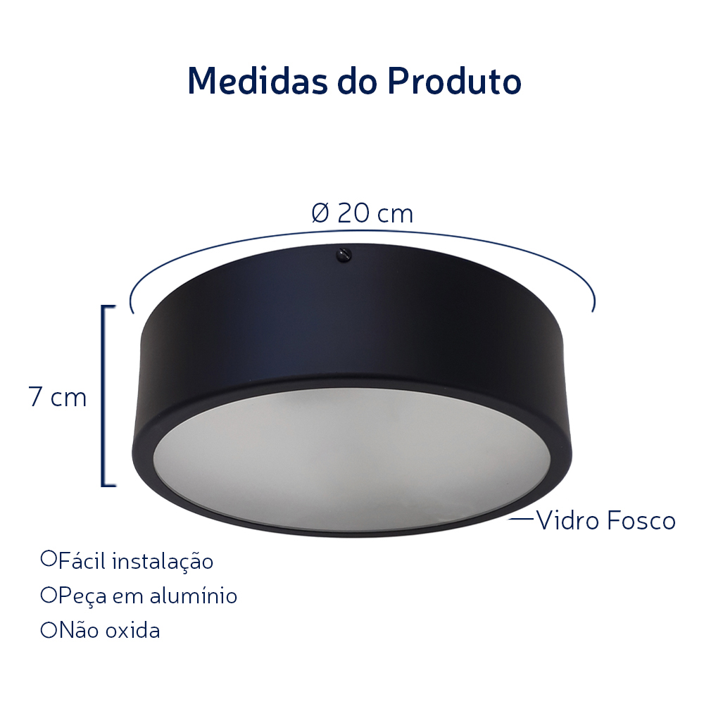 Plafon Redondo De Aluminio Preto Fosco 20cm 1L