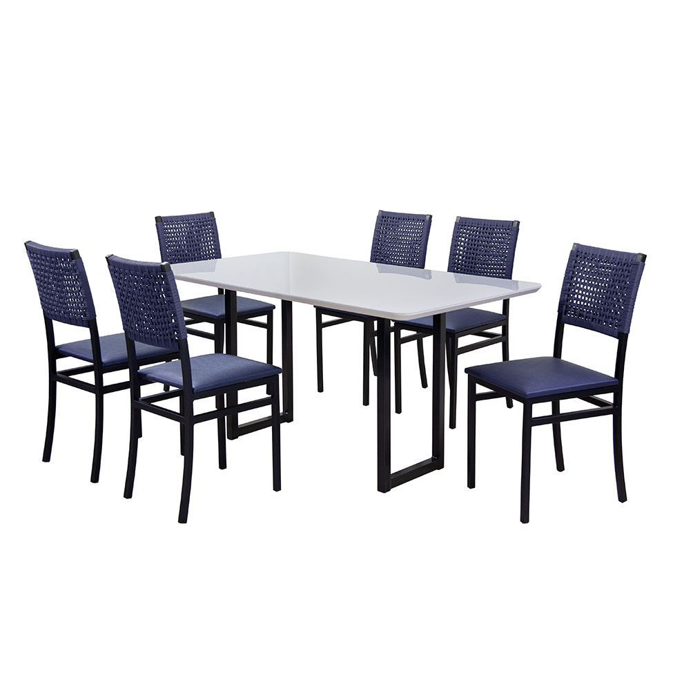 Conjunto de Mesa de Jantar Retangular com Tampo de Vidro Branco e 6 Cadeiras Madri Azul e Preto
